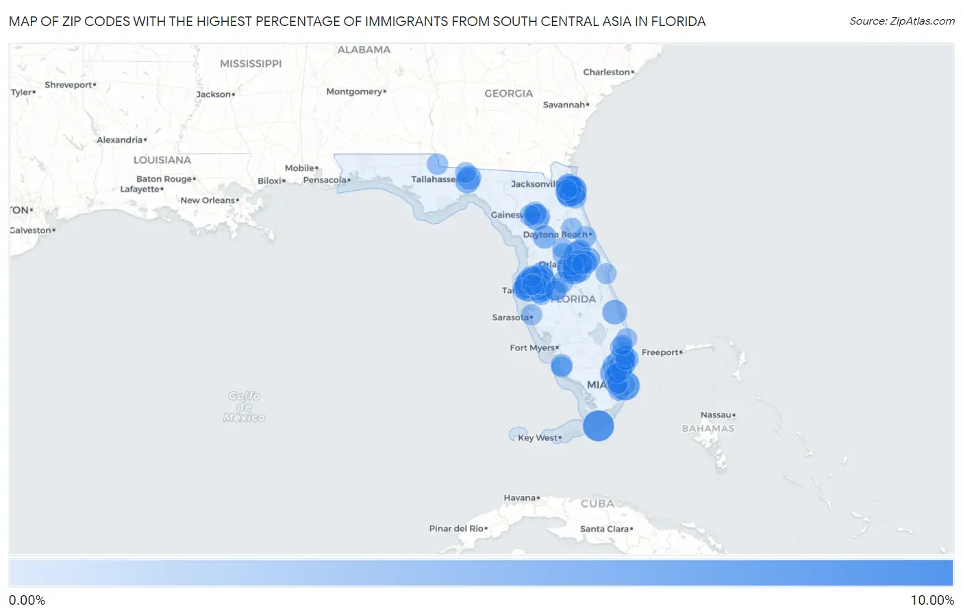 Zip Codes with the Highest Percentage of Immigrants from South Central Asia in Florida Map