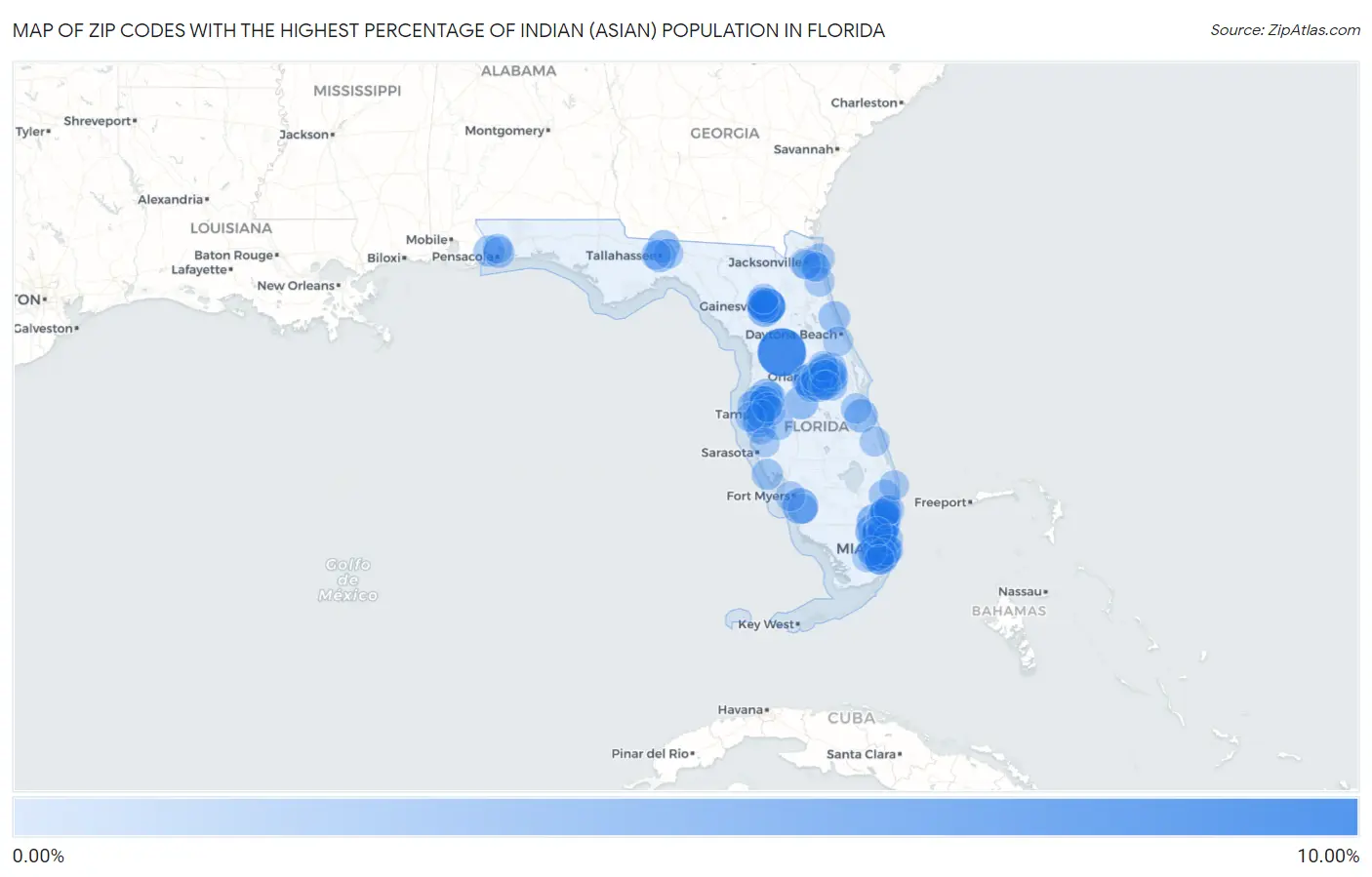 Zip Codes with the Highest Percentage of Indian (Asian) Population in Florida Map