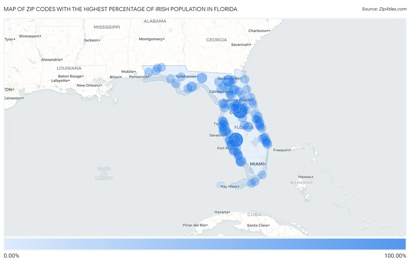Zip Codes with the Highest Percentage of Irish Population in Florida Map