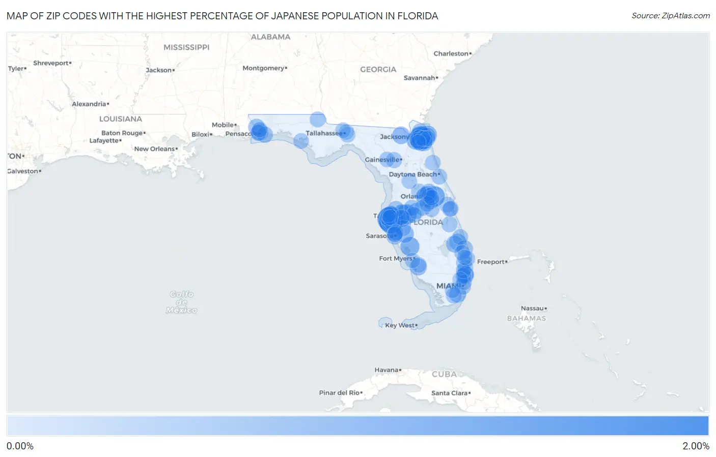 Zip Codes with the Highest Percentage of Japanese Population in Florida Map