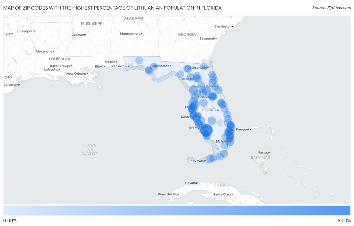Zip Codes with the Highest Percentage of Lithuanian Population in Florida Map