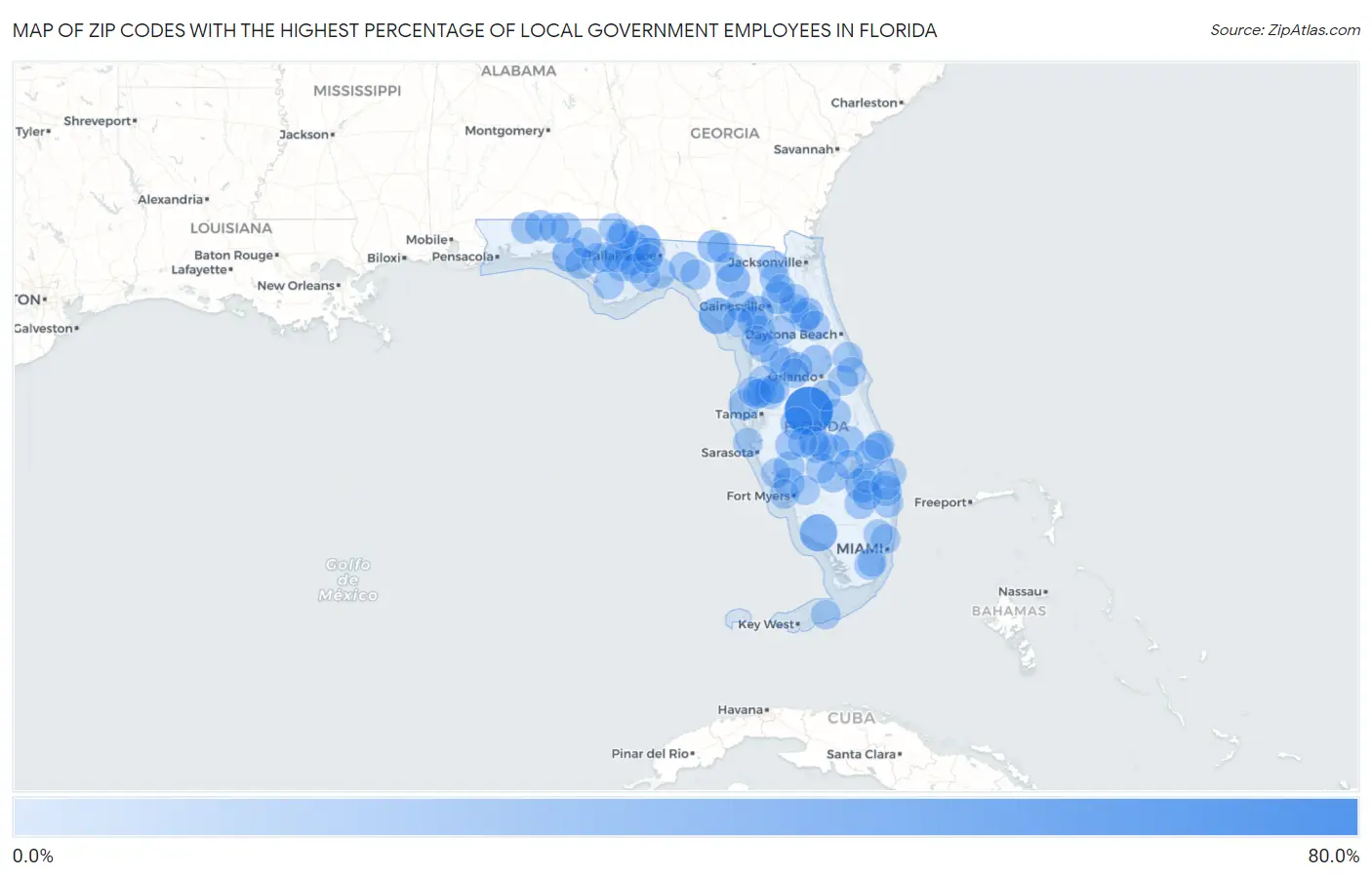Zip Codes with the Highest Percentage of Local Government Employees in Florida Map