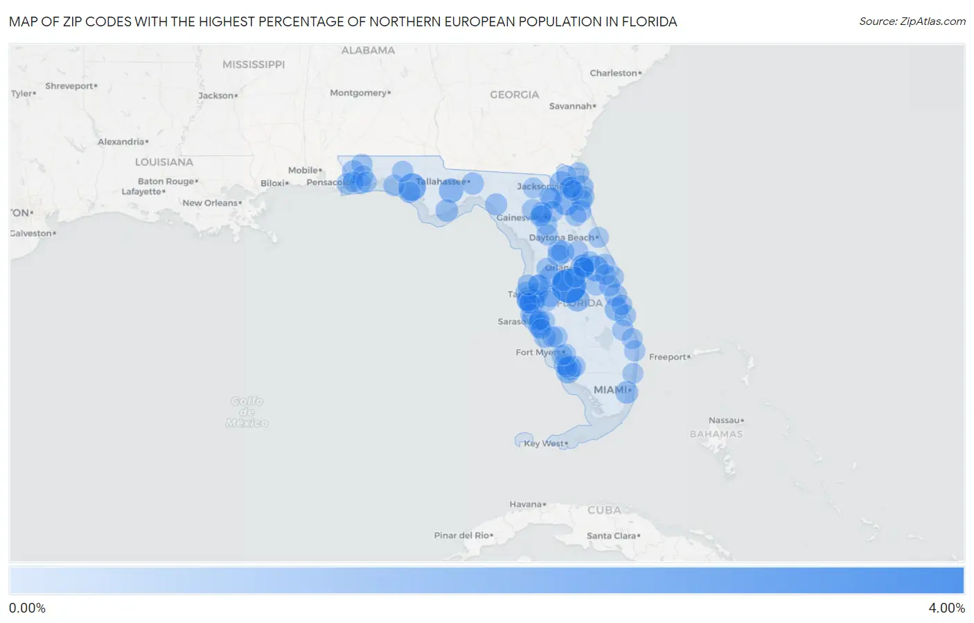 Zip Codes with the Highest Percentage of Northern European Population in Florida Map