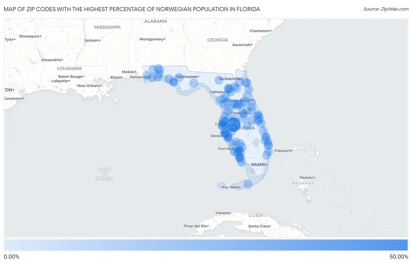 Zip Codes with the Highest Percentage of Norwegian Population in Florida Map