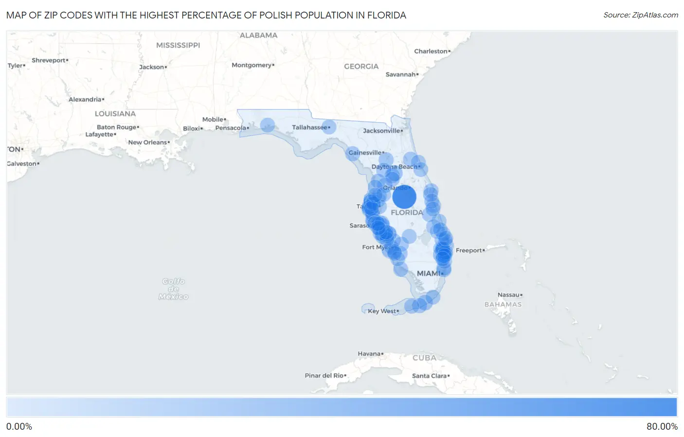 Zip Codes with the Highest Percentage of Polish Population in Florida Map