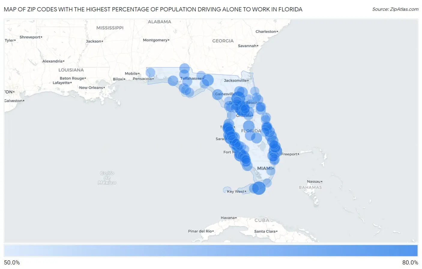 Zip Codes with the Highest Percentage of Population Driving Alone to Work in Florida Map