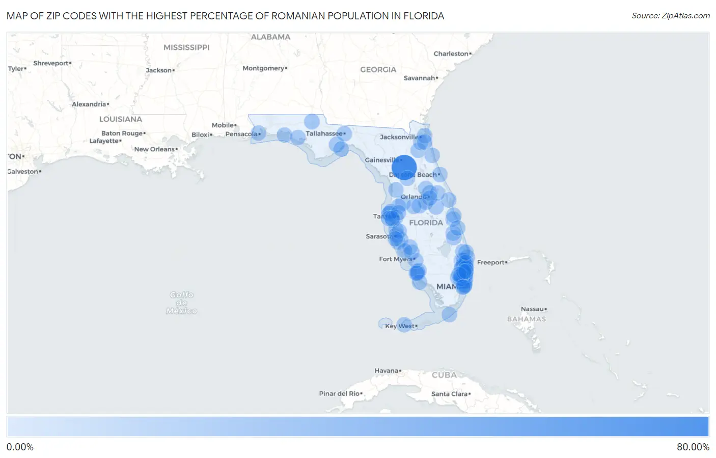 Zip Codes with the Highest Percentage of Romanian Population in Florida Map