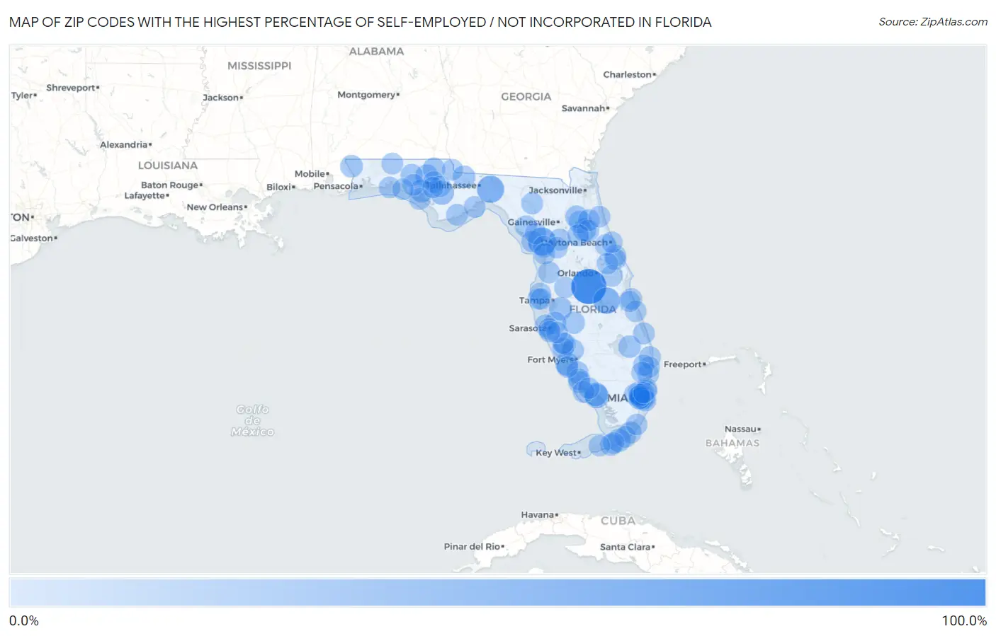 Zip Codes with the Highest Percentage of Self-Employed / Not Incorporated in Florida Map