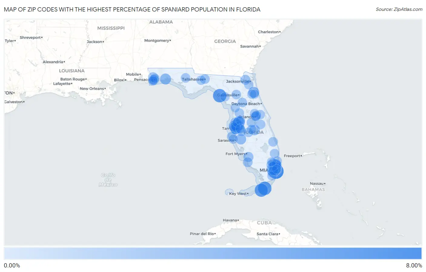 Zip Codes with the Highest Percentage of Spaniard Population in Florida Map