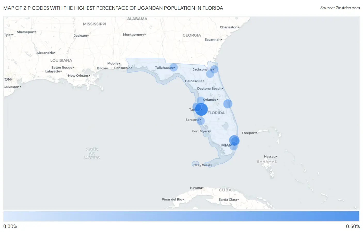 Zip Codes with the Highest Percentage of Ugandan Population in Florida Map