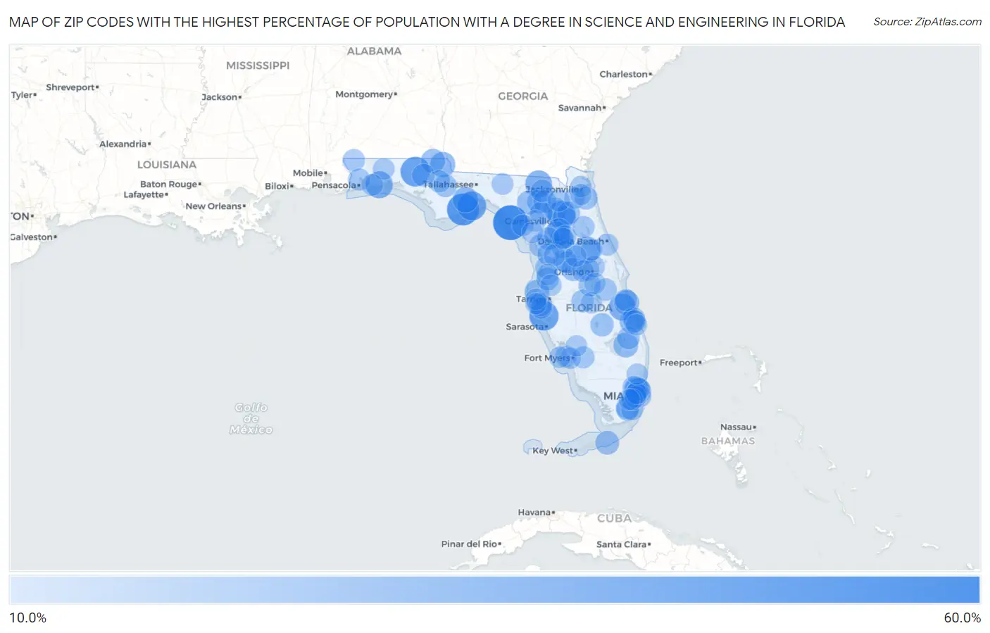 Zip Codes with the Highest Percentage of Population with a Degree in Science and Engineering in Florida Map