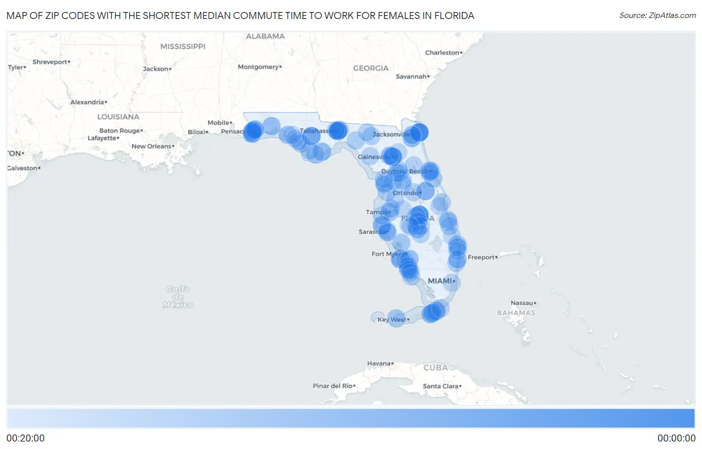 Zip Codes with the Shortest Median Commute Time to Work for Females in Florida Map