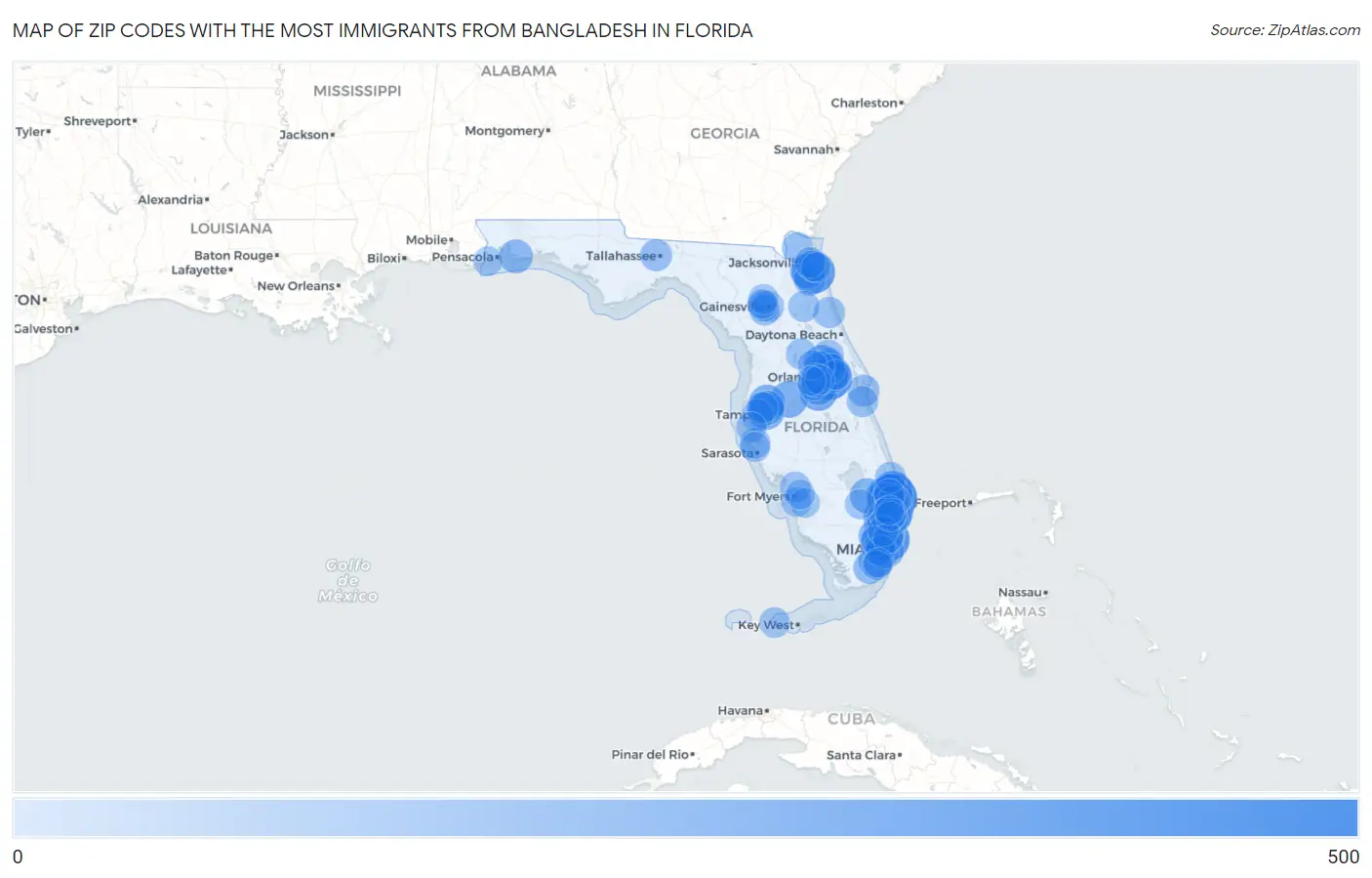 Zip Codes with the Most Immigrants from Bangladesh in Florida Map