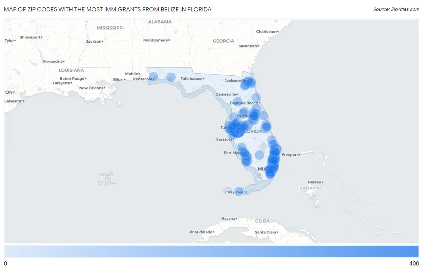 Zip Codes with the Most Immigrants from Belize in Florida Map