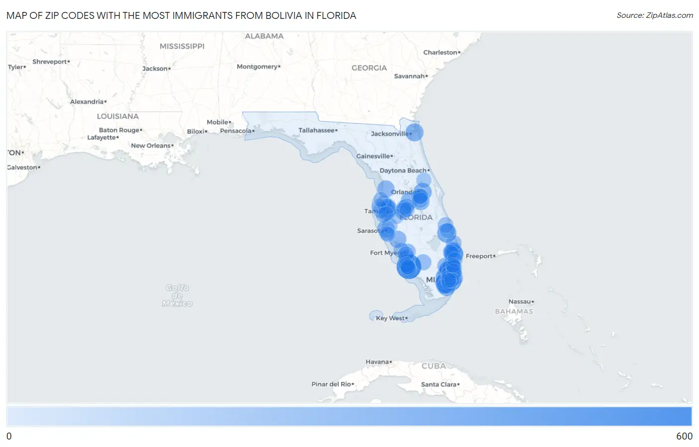 Zip Codes with the Most Immigrants from Bolivia in Florida Map