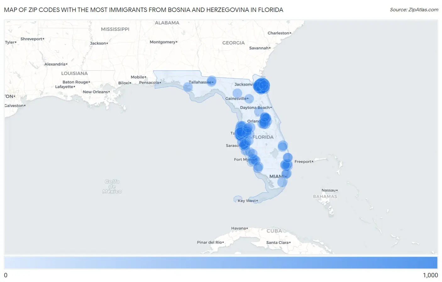 Zip Codes with the Most Immigrants from Bosnia and Herzegovina in Florida Map