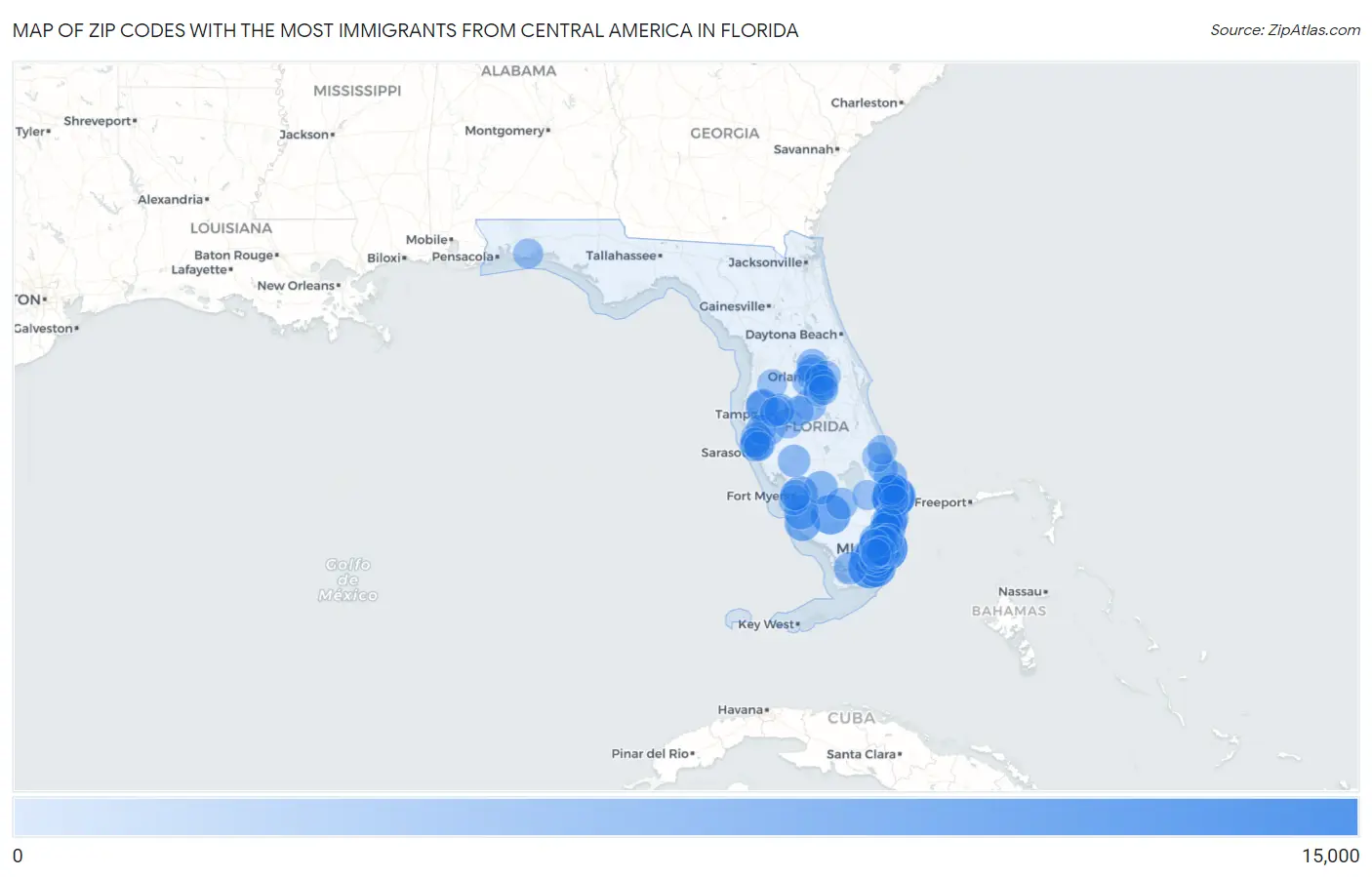 Zip Codes with the Most Immigrants from Central America in Florida Map