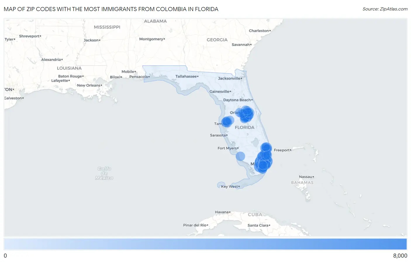Zip Codes with the Most Immigrants from Colombia in Florida Map