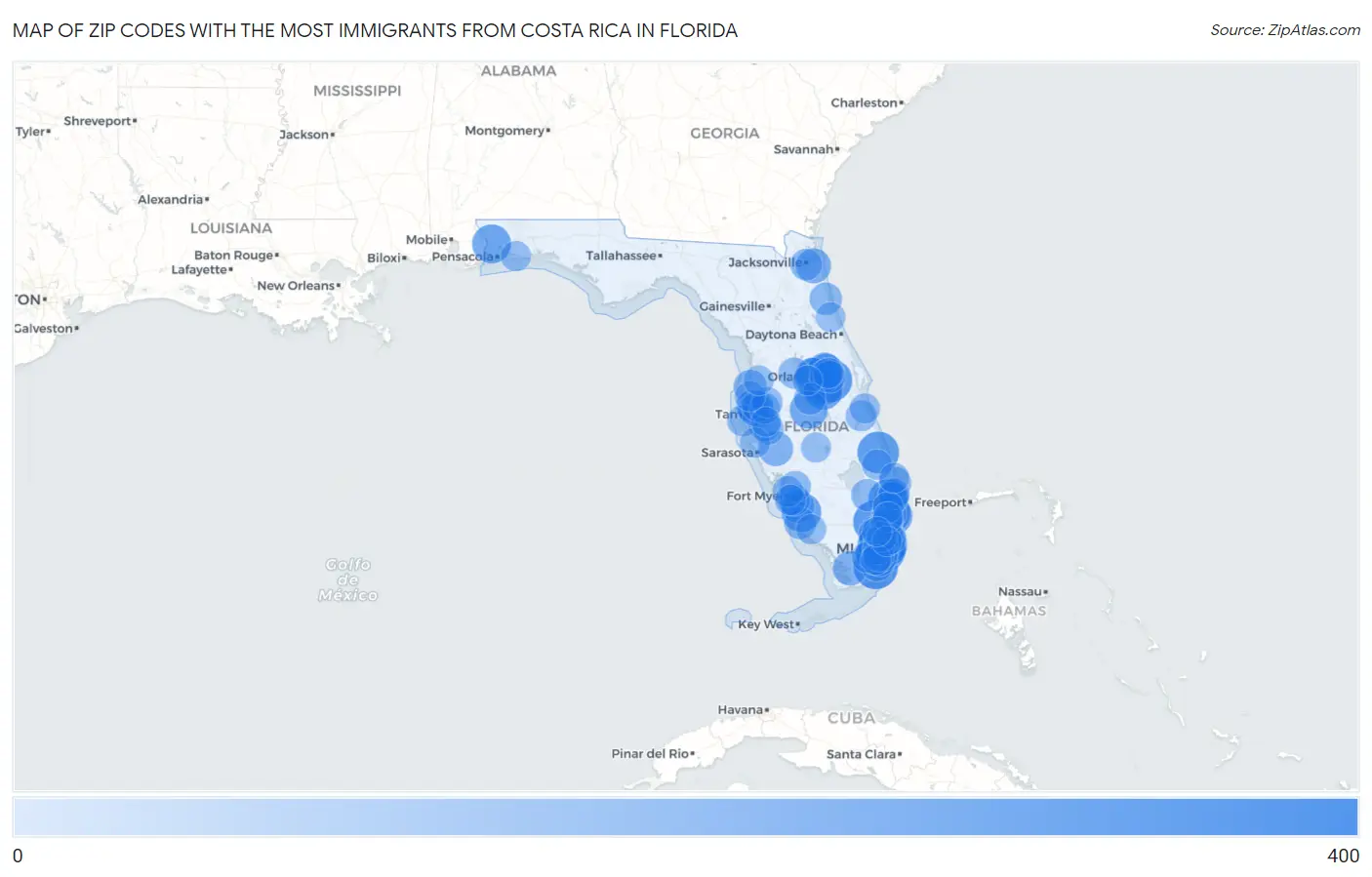 Zip Codes with the Most Immigrants from Costa Rica in Florida Map