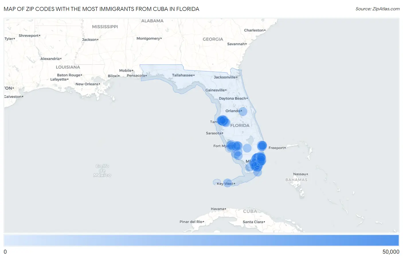 Zip Codes with the Most Immigrants from Cuba in Florida Map