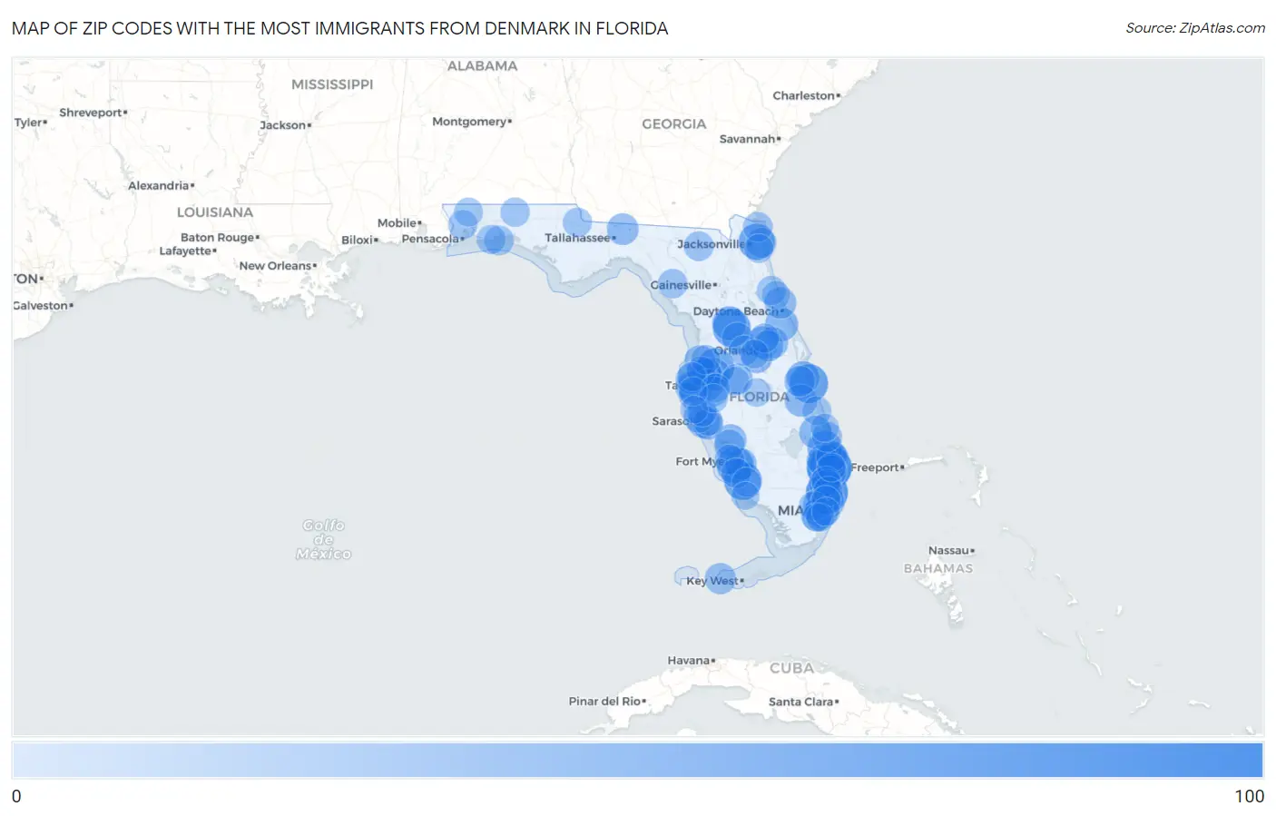 Zip Codes with the Most Immigrants from Denmark in Florida Map