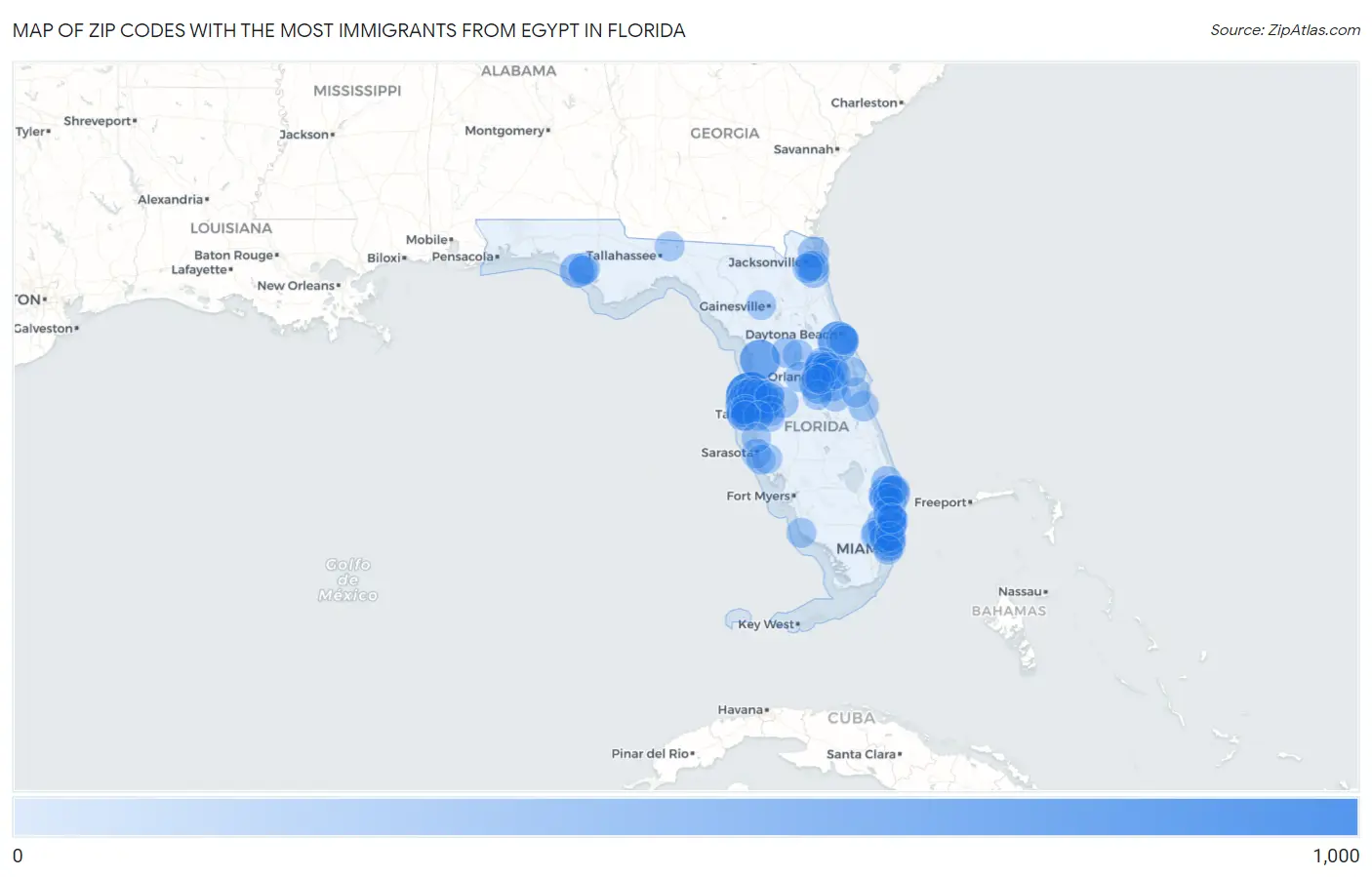 Zip Codes with the Most Immigrants from Egypt in Florida Map