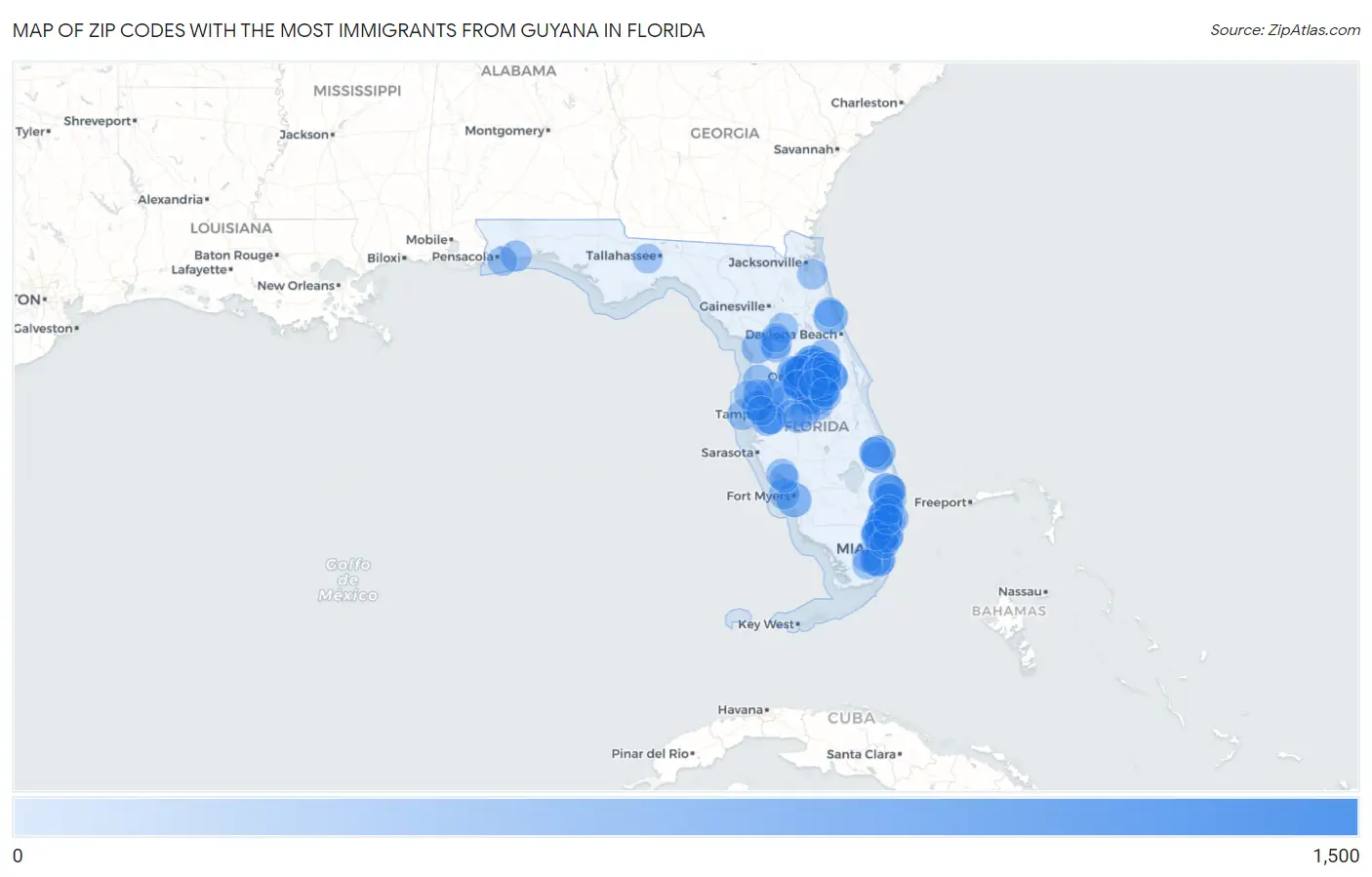 Zip Codes with the Most Immigrants from Guyana in Florida Map