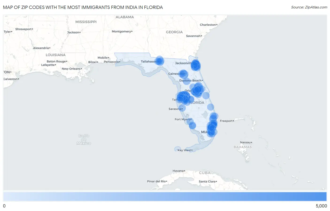 Zip Codes with the Most Immigrants from India in Florida Map