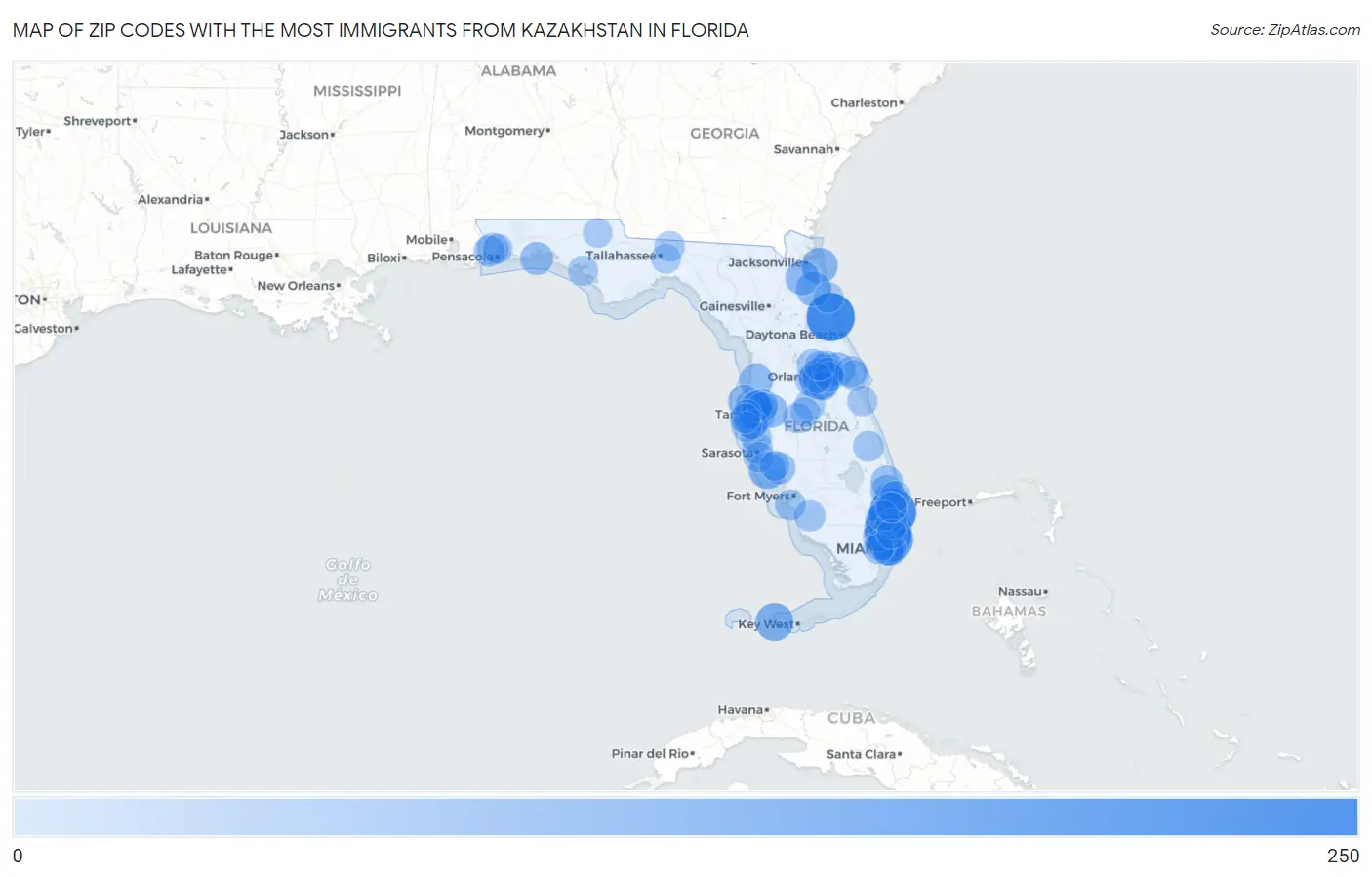 Zip Codes with the Most Immigrants from Kazakhstan in Florida Map