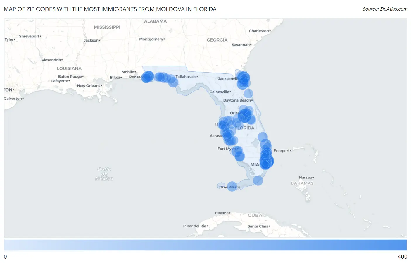 Zip Codes with the Most Immigrants from Moldova in Florida Map