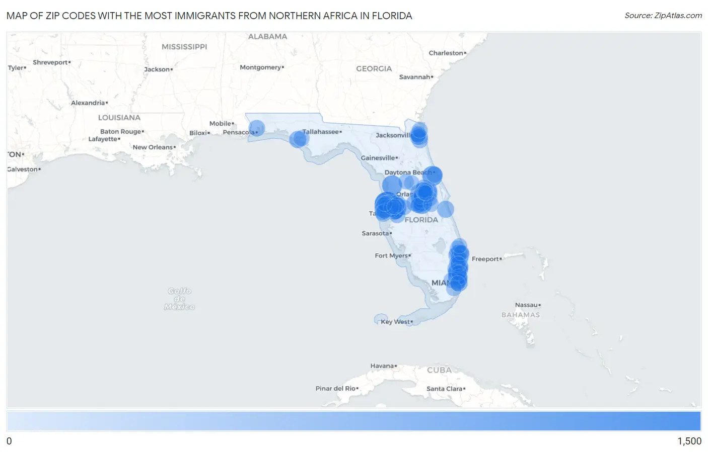Zip Codes with the Most Immigrants from Northern Africa in Florida Map