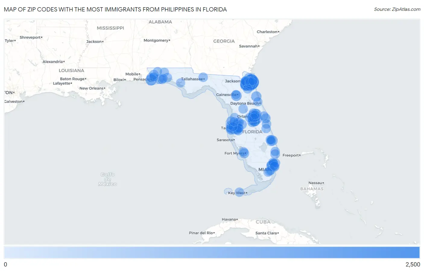 Zip Codes with the Most Immigrants from Philippines in Florida Map