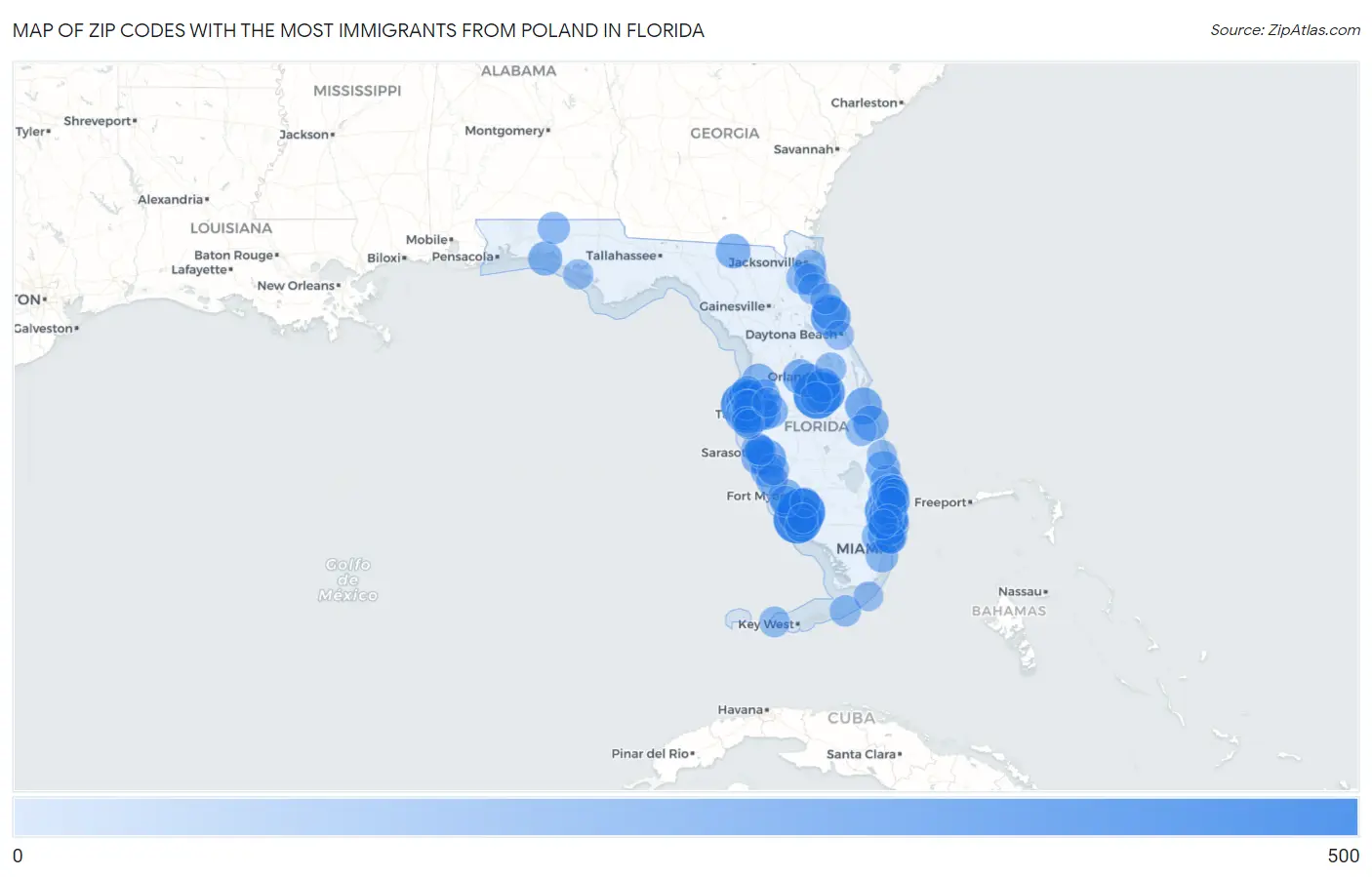 Zip Codes with the Most Immigrants from Poland in Florida Map