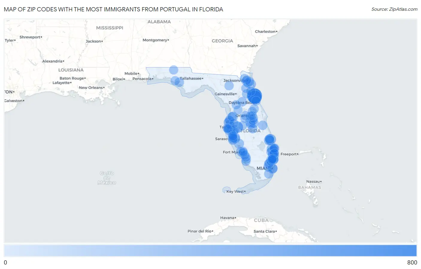 Zip Codes with the Most Immigrants from Portugal in Florida Map