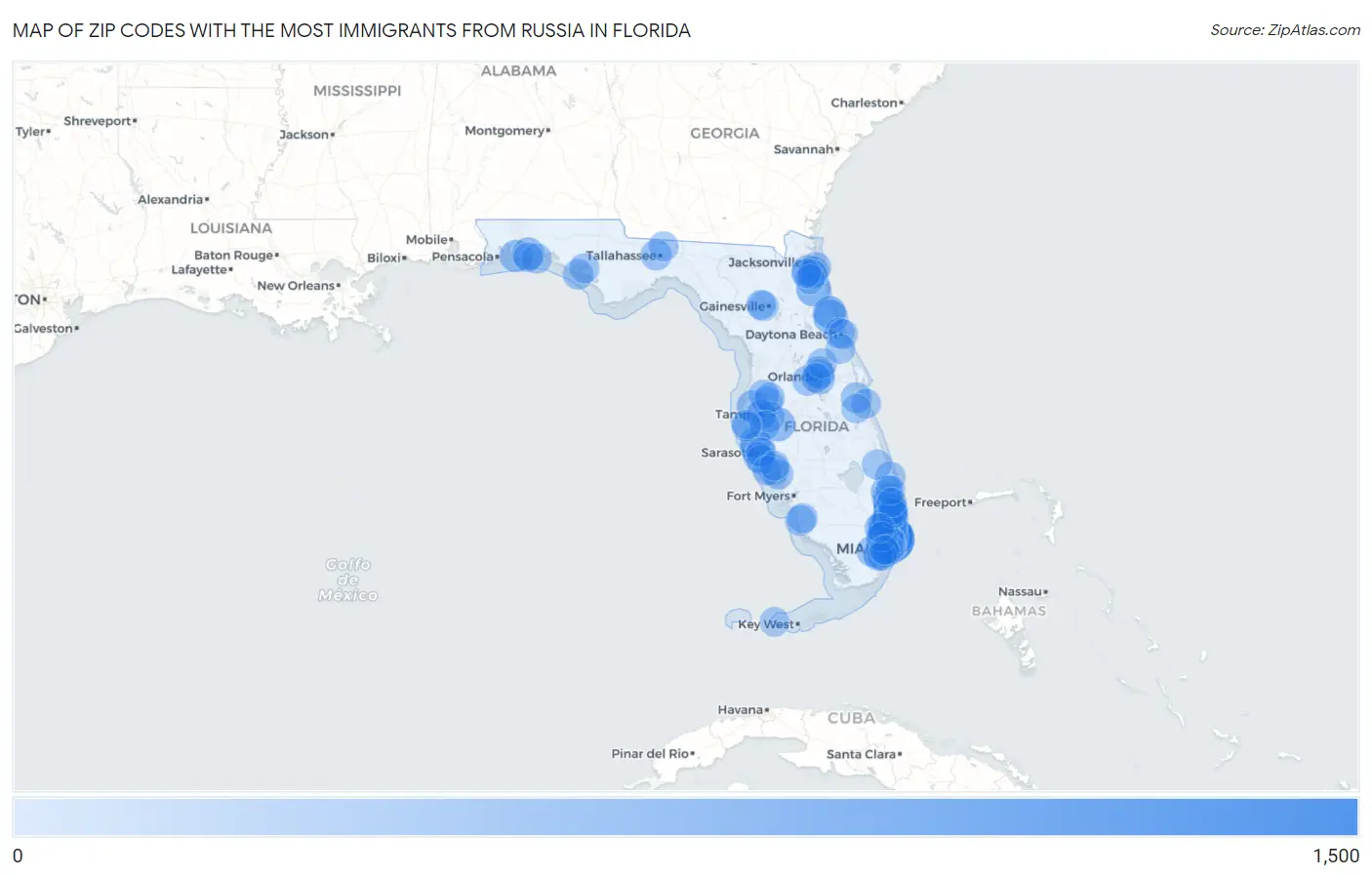 Zip Codes with the Most Immigrants from Russia in Florida Map