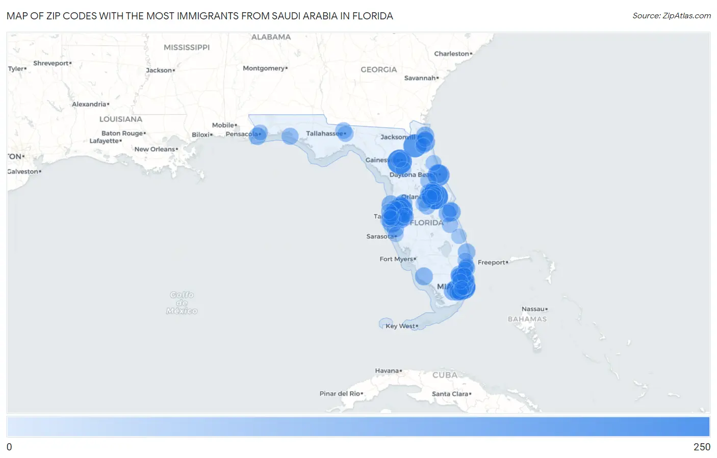 Zip Codes with the Most Immigrants from Saudi Arabia in Florida Map