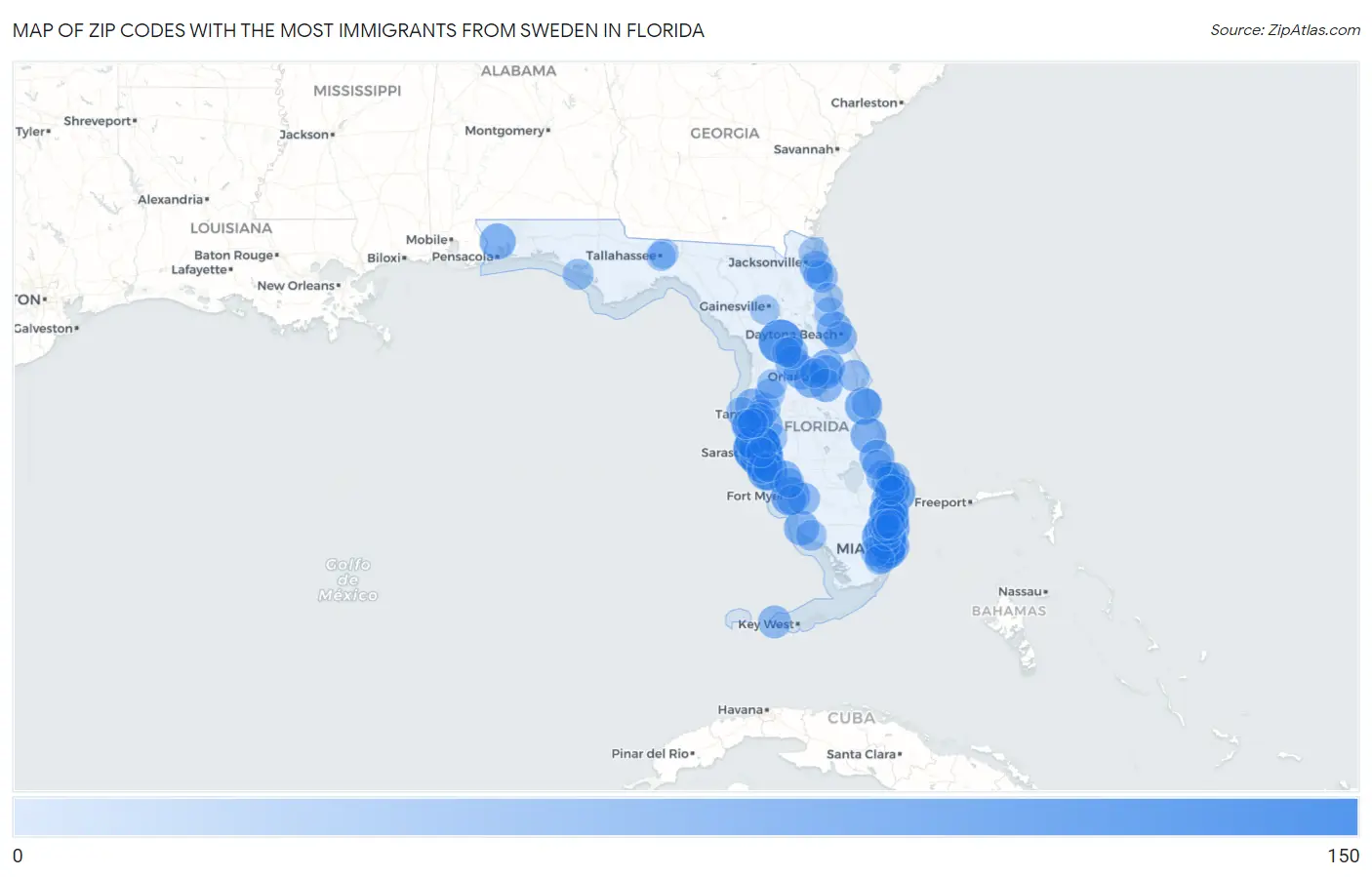 Zip Codes with the Most Immigrants from Sweden in Florida Map