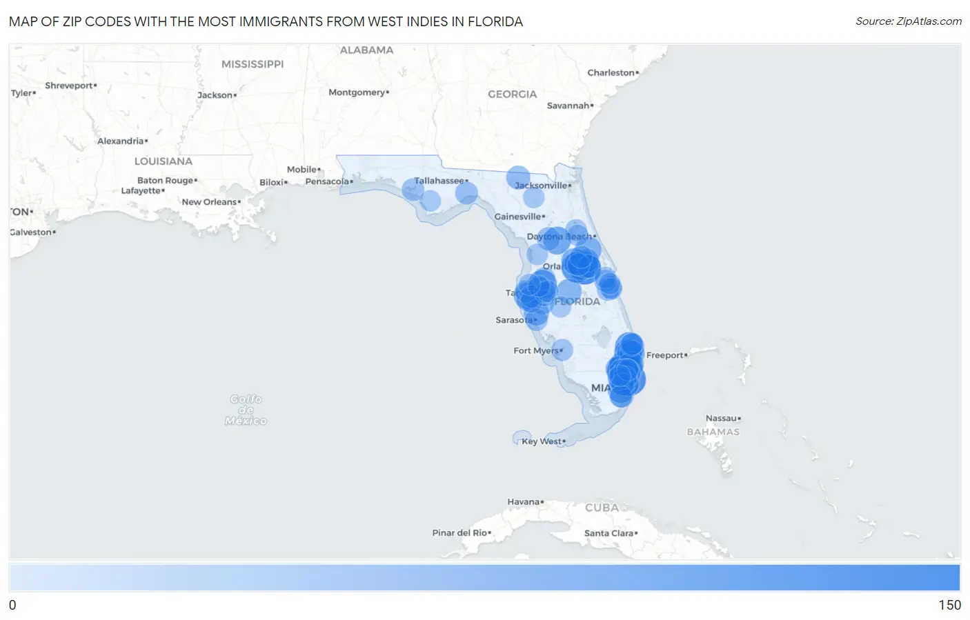 Zip Codes with the Most Immigrants from West Indies in Florida Map