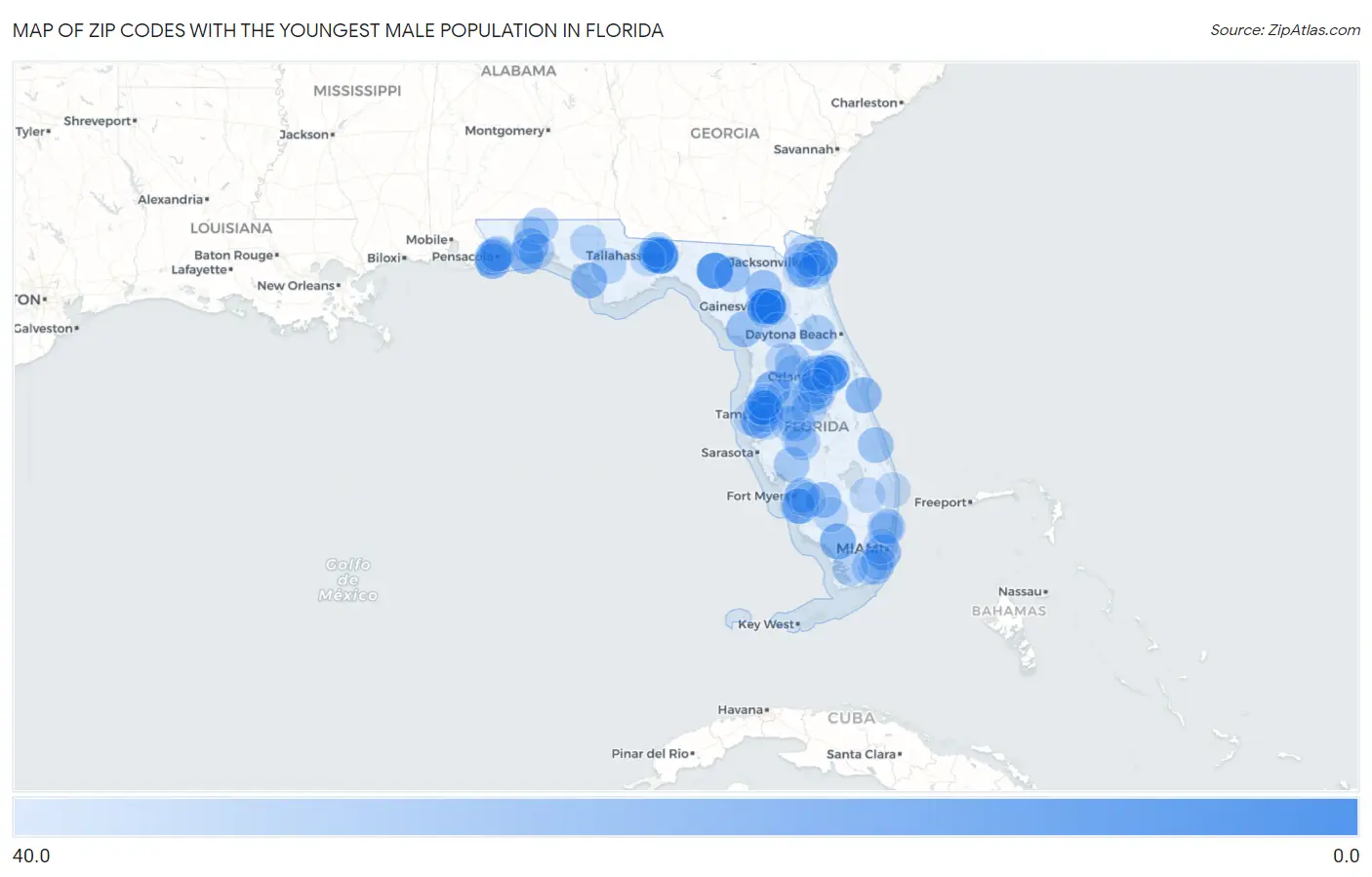 Zip Codes with the Youngest Male Population in Florida Map