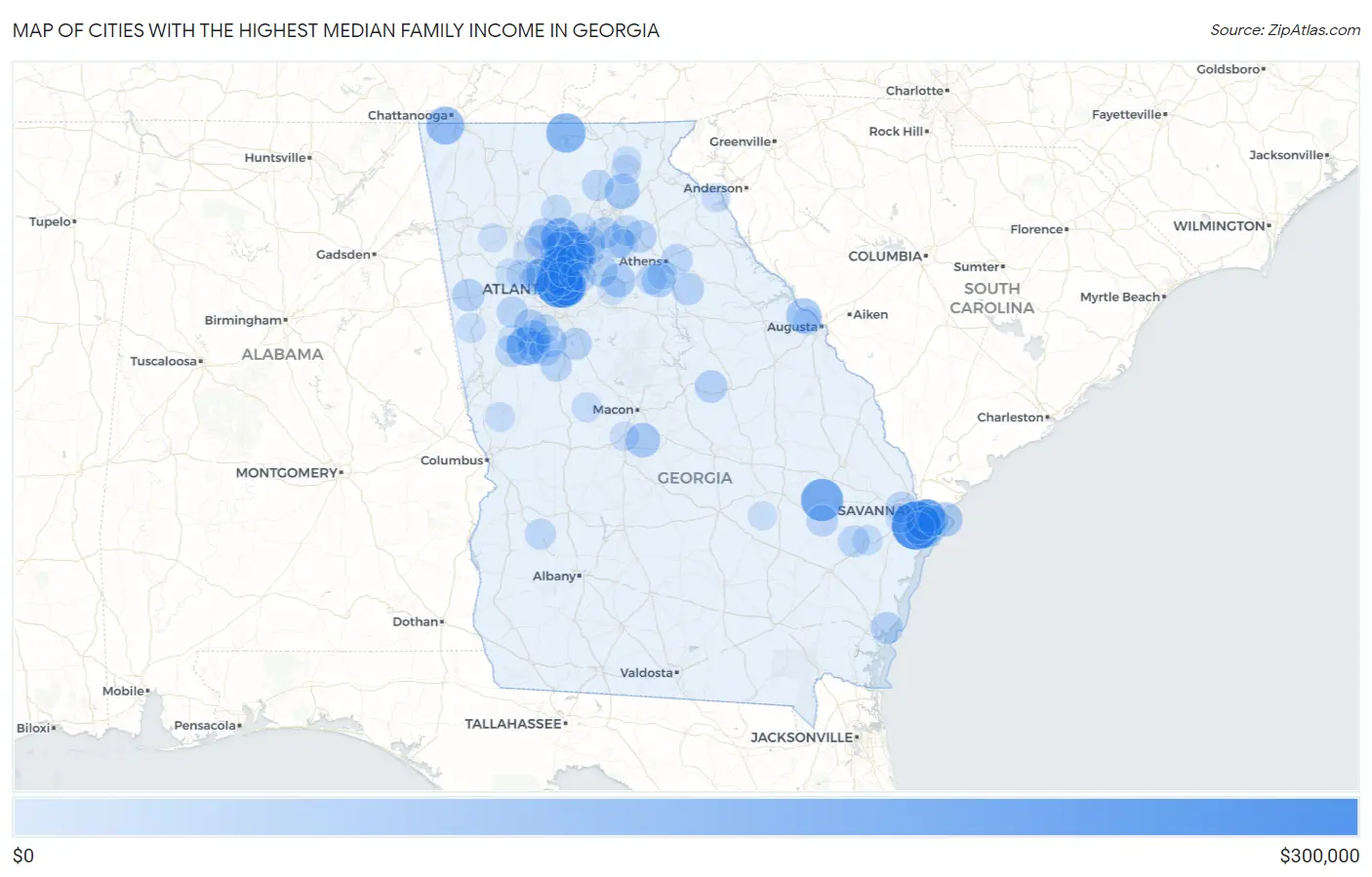 Cities with the Highest Median Family Income in Georgia Map