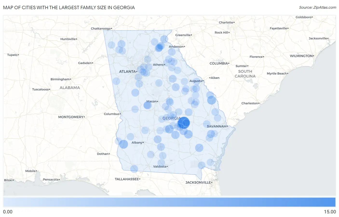 Cities with the Largest Family Size in Georgia Map