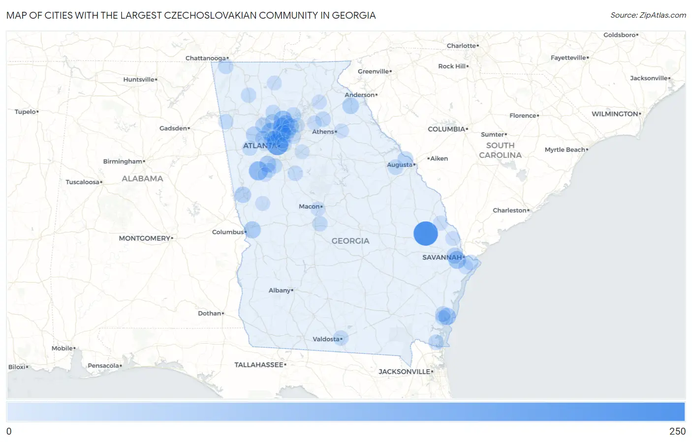 Cities with the Largest Czechoslovakian Community in Georgia Map