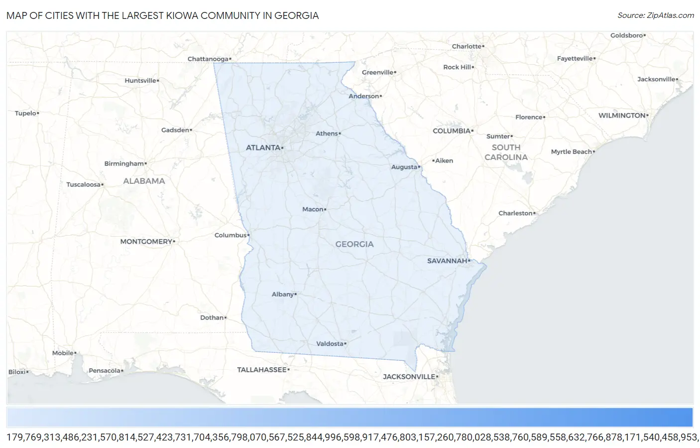 Cities with the Largest Kiowa Community in Georgia Map