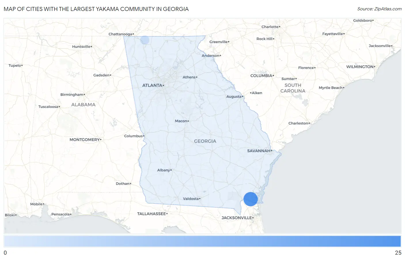 Cities with the Largest Yakama Community in Georgia Map