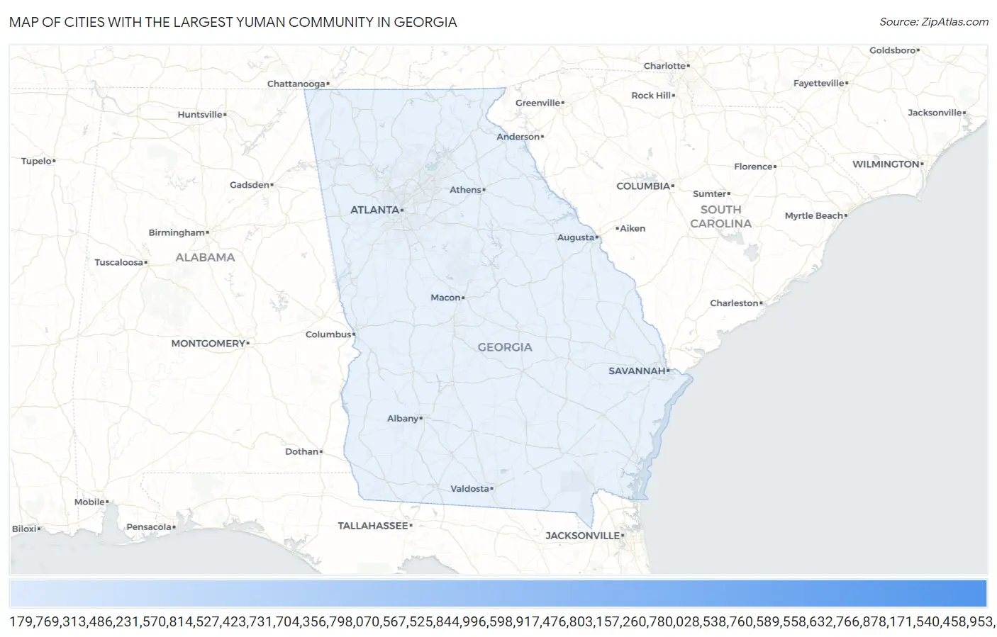 Cities with the Largest Yuman Community in Georgia Map