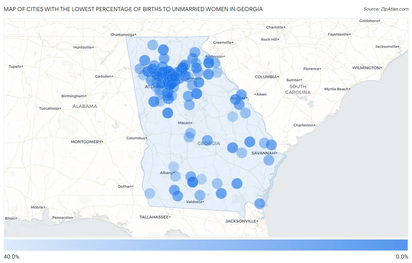 Cities with the Lowest Percentage of Births to Unmarried Women in Georgia Map