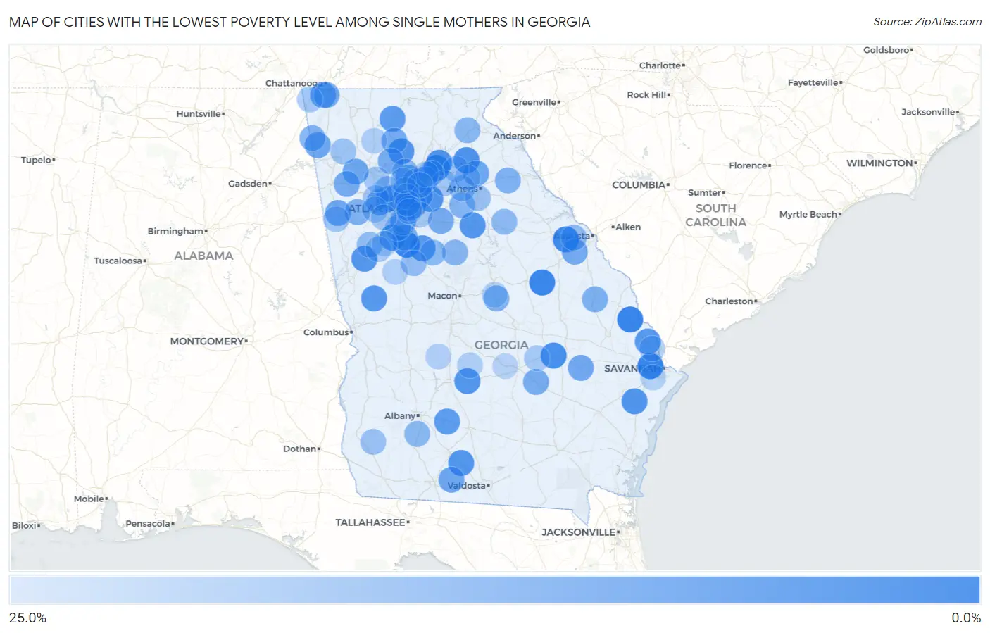 Cities with the Lowest Poverty Level Among Single Mothers in Georgia Map