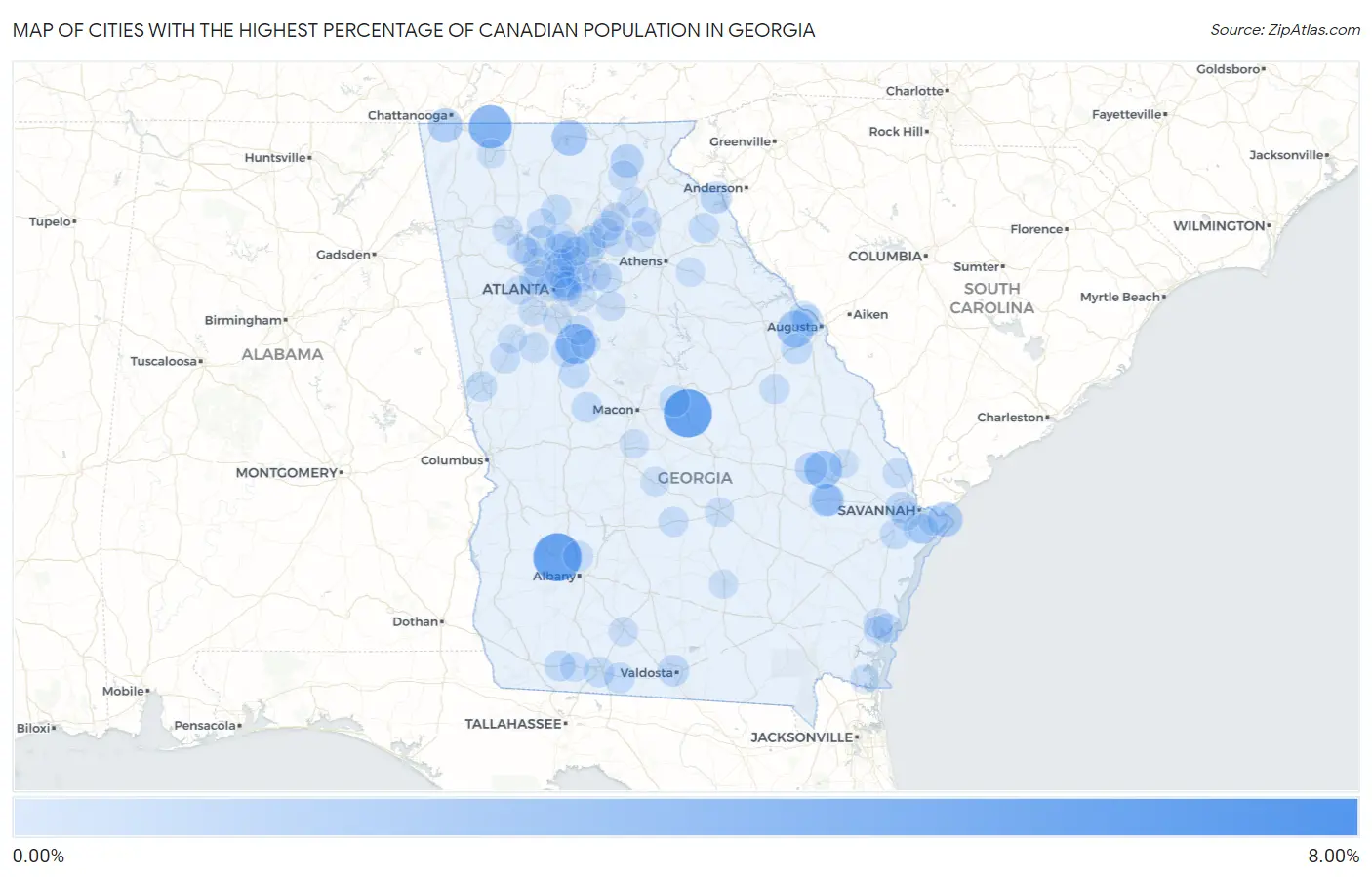 Cities with the Highest Percentage of Canadian Population in Georgia Map