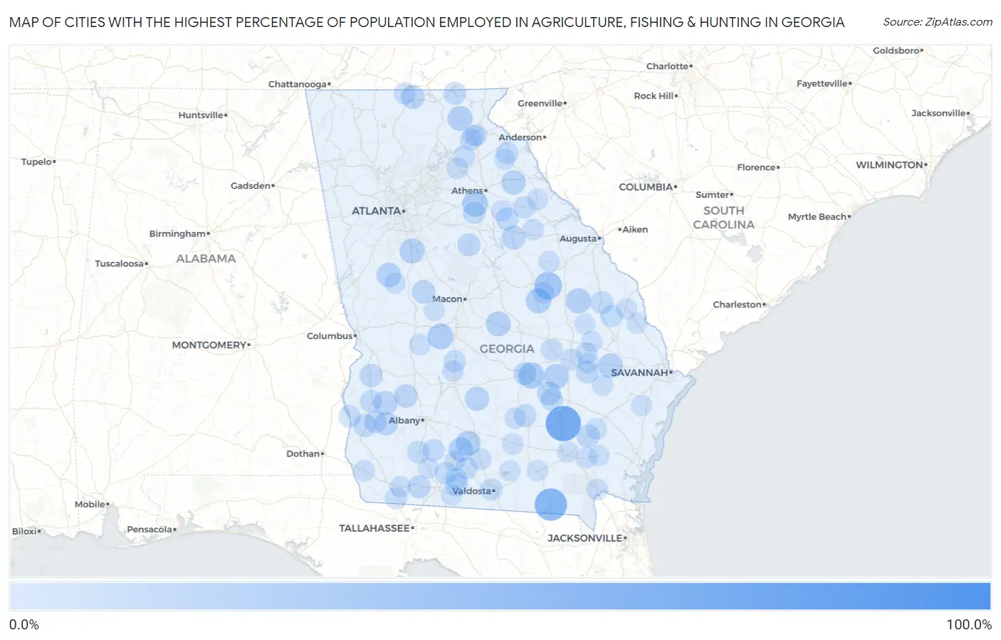 Cities with the Highest Percentage of Population Employed in Agriculture, Fishing & Hunting in Georgia Map