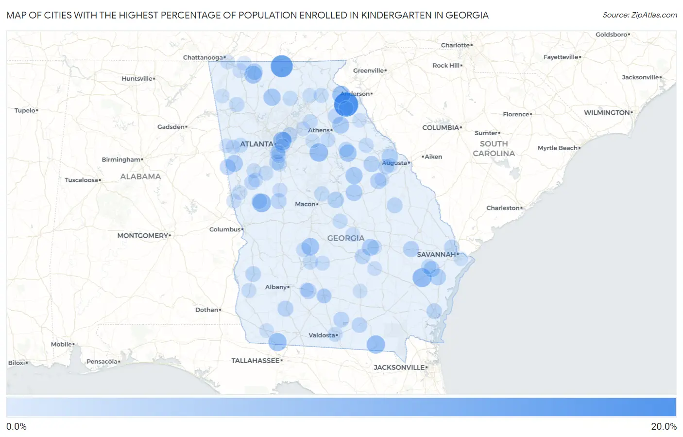 Cities with the Highest Percentage of Population Enrolled in Kindergarten in Georgia Map
